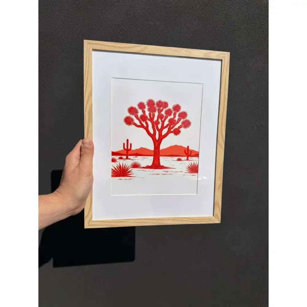 Framed Red Joshua Tree Desert Art Print — Natural Wood Frame